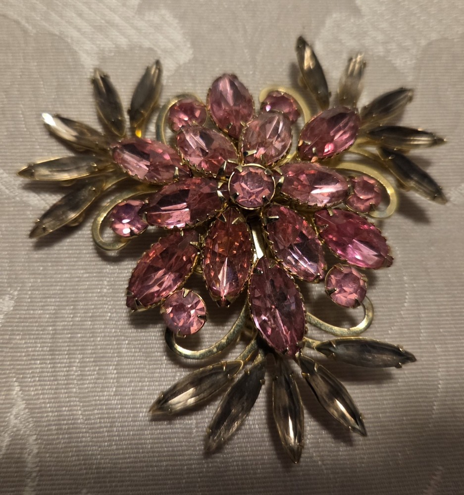 Judy Lee Pink Rhinestone Brooch Signed Vintage