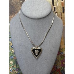 Vintage Mercury Dime Heart Cameo Pendant Silver Tone Black Enamel Sweetheart