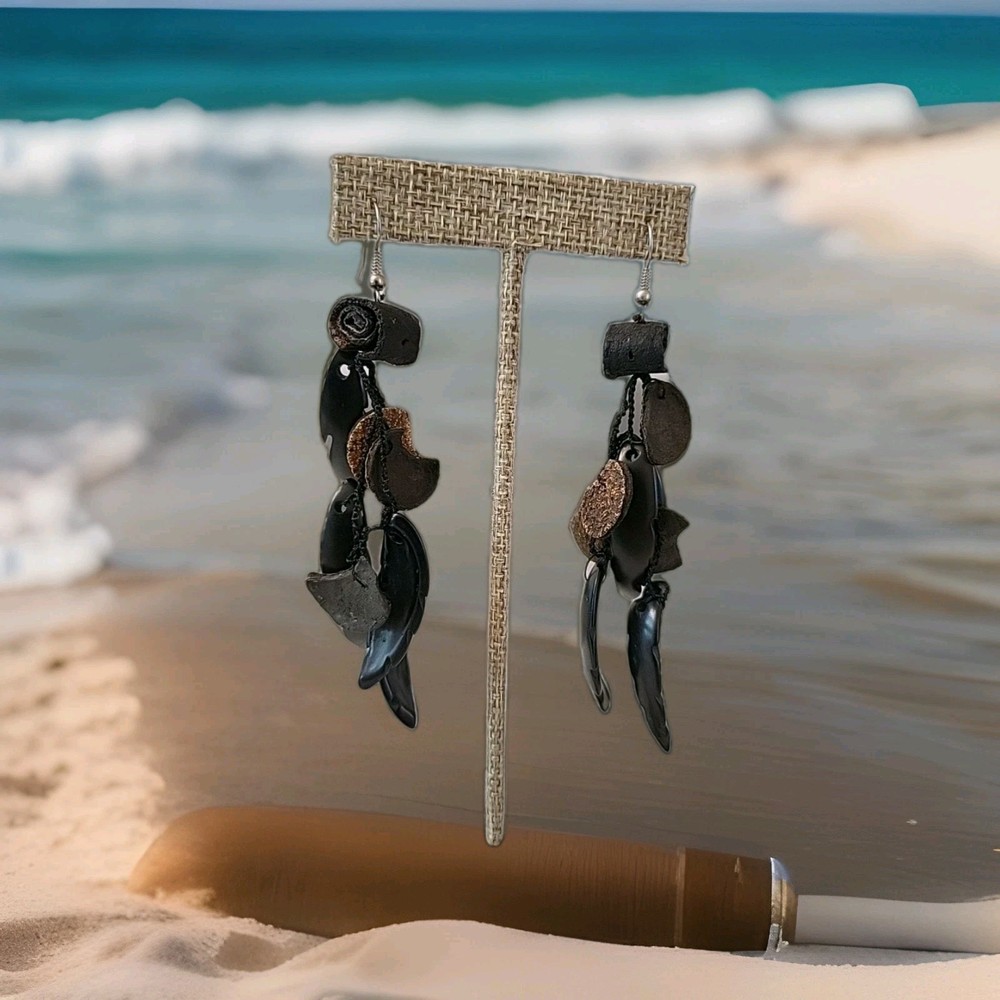 Vintage Bohemian Artist Handmade Leather & Teak Wood Dangle Earrings 4″ OOAK B13