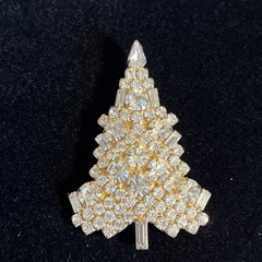 Vintage Eisenberg Ice Christmas Gold Tree Brooch Pin w/Rhinestones 2.25″