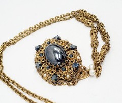 Vintage West Germany Filigree Hematite Cabochon Necklace Pendant
