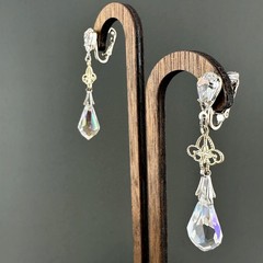 Vintage Earrings AB Crystal Dangle Silver Tone Filigree Briolette Teardrop Clip