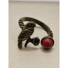 Southwestern Brass Bypass Ring Bird Flower Red Stone Dyed Howlite Size 6 3/4