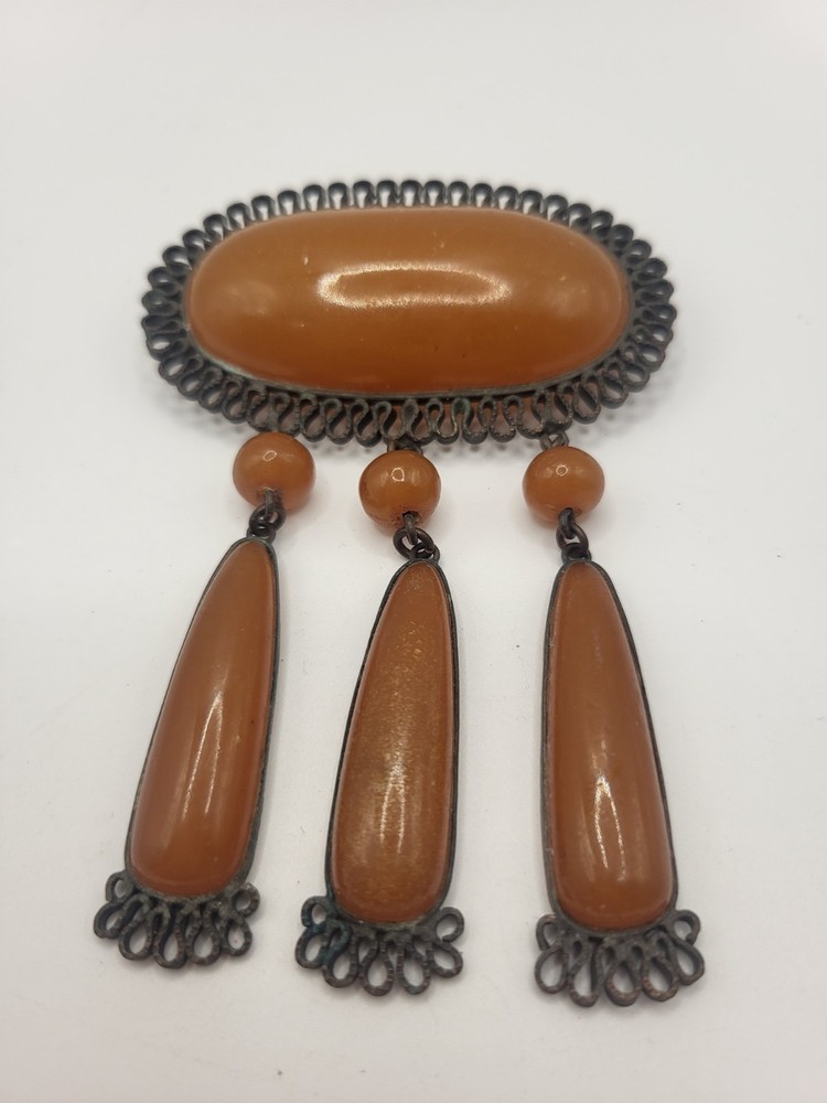 Vintage 1960s-70s Retro Revival Soviet Baltic Amber Teardrop Dangle Brooch Pin