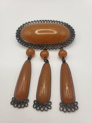 Vintage 1960s-70s Retro Revival Soviet Baltic Amber Teardrop Dangle Brooch Pin
