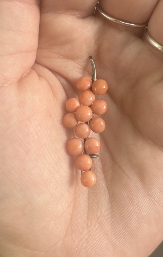 Antique Coral Beaded Cluster Brooch, Berries/Grapes
