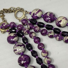 Purple Beaded Necklace Glass Faceted Marble Acrylic Gray Layered Chunky 18″