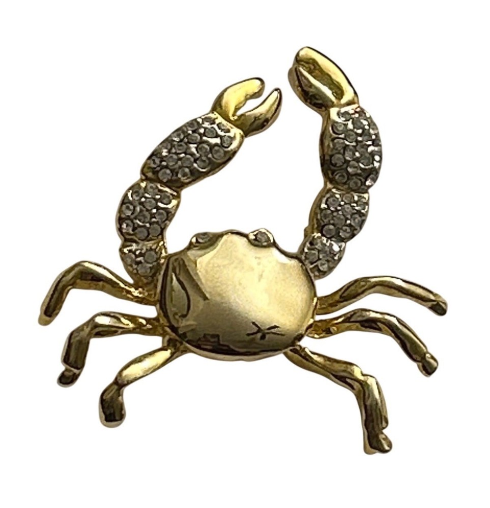 Gold-Tone Crab Brooch with Rhinestone Claws Beach Ocean Pin 2” Statement piece