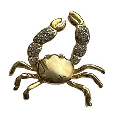 Gold-Tone Crab Brooch with Rhinestone Claws Beach Ocean Pin 2” Statement piece