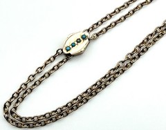 Antique M.S&S Gold Filled Guard Watch Chain Slide 48” Dog Clip Blue Glass Slide