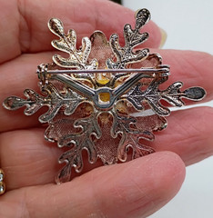 Vintage Gold Tone Blue Rhinestone Snowflake Brooch 2″