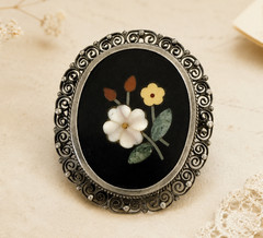 Antique Italian Pietra Dura Floral Mosaic Brooch 800 Silver Filigree Frame
