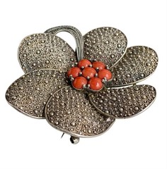 Theodor Fahrner Silver Brooch PIN 925 Markasite and Coral