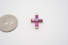 Vintage 10k Yellow Gold Ruby Cross Pendant. (4) Tapered Baguettes