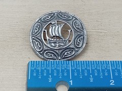 Antique 800 Silver Scottish Cloak Pin w. Viking Ship Theme: 1.5″ dia. & 15 grams