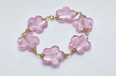 1/20 14K Gold Filled Pink Glass Flower Bead Link Bracelet 8.25″ 41.2g
