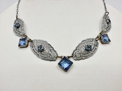 Victorian Art Deco White Metal Blue Glass Filigree Link Necklace Delicate Read