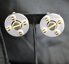Erwin Pearl INDUSTRIAL Earrings Round Silver/Gold 2-Tone Clip Signed Vintage