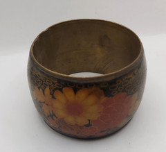 Vintage Wide Brass Floral Bangle Black Lacquer Enamel Statement Cuff Asian Style