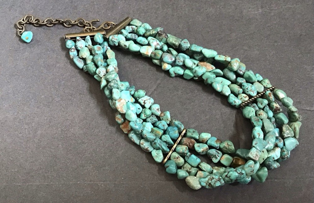 Vintage 12in Natural Turquoise Nugget 5 Strand Choker Necklace With 3in Extender