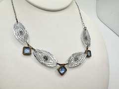 Victorian Art Deco White Metal Blue Glass Filigree Link Necklace Delicate Read