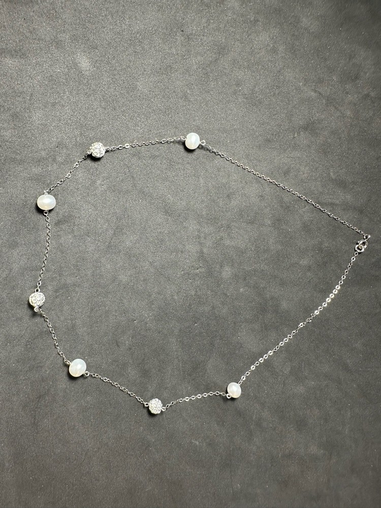 3.25g Vintage Sterling Silver 925 Pearl Station Necklace Beaded Chain CZ 17.7 in