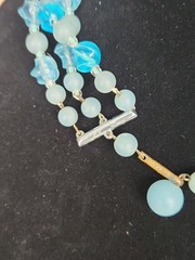 Vtg W Germany Light Blue AB Beads Triple Strand Necklace & Clip On Earring Set