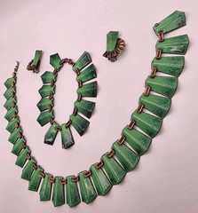 Vintage Signed Matisse Shades Of Green Speckled Enamel On Copper Set