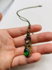 Vintage Gothic Green Colorful Rhinestone Filigree Cutout Bronze Tone Necklace