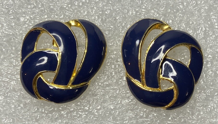 Vintage Swirl 1” Blue Enamel & Gold Tone Post Earrings For Pierced Ears vg