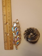 2 Brooches Silver Tone Botticelli And Gold Tone AB Stone Leaf