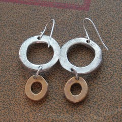 Handmade Dangle Hoop Earrings Silver Tone Metal Brass Tone Hanging Circles Wire
