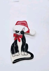 Christmas CAT Brooch Kitty Cat Pin Ceramic Large Holiday Jewelry 3.5 in