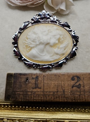 Vintage AAI Cameo two 2 women with dove yellow background Brooch Pin Statement
