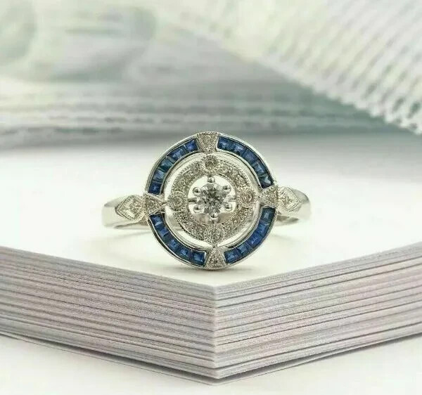 0.5Ct Art Deco Style Round Cut Lab-Created Diamond Sapphire Halo 925 Silver Ring