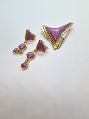 Vtg Enamel Brooch Pierced Earring Set Geo Mod Statement Retro Atomic
