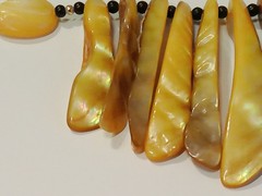 Vintage BOHO Mother of Pearl Fringe Necklace Yellow Orange Beads Statement Piece