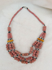 Vintage Pink Clay Bead Multi Strand Bib Necklace Yellow Spacer Bar Tribal Boho