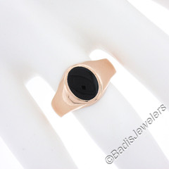 Unisex Vintage European 18K Rosy Gold Inlaid Oval Black Onyx Solitaire Band Ring