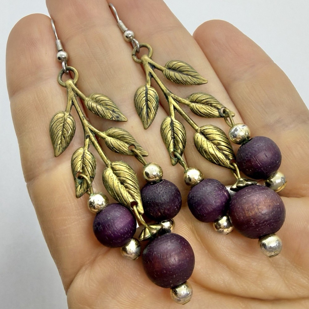 Vtg Big Art Nouveau Brass Leaves Chandelier Burgundy Bead Statement Earrings