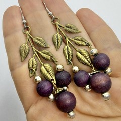 Vtg Big Art Nouveau Brass Leaves Chandelier Burgundy Bead Statement Earrings