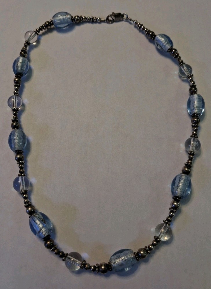 Vintage 16.5 Handmade Blue Glass & Sterling Beaded Necklace 925 Silver Tested