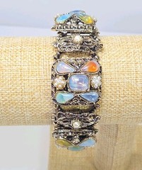 Vintage Victorian Revival Opaline Glass Faux Pearl Book Chain Bracelet