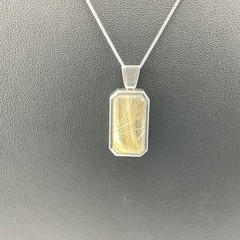 Vtg Golden Straw Rutilated Quartz Pendant Sterling Silver Necklace Box Chain 24”