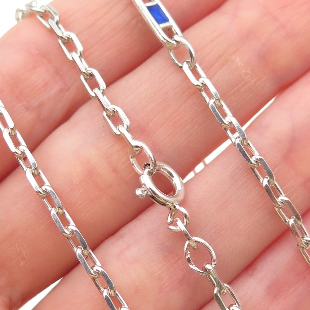 925 Sterling Silver Vintage Italy Enamel Anchor Mariner Cable Chain Necklace 30″