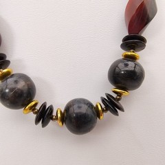 Vintage Mid-Century Modern Necklace Black Red Bead Maximalist Boho 25″
