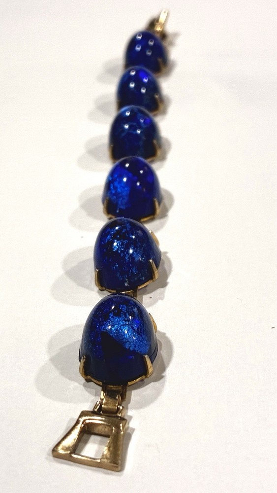 VTG CZECH 60s POURED Cobalt Foiled GLASS Hi Dome BULLET CABOCHON Panel BRACELET