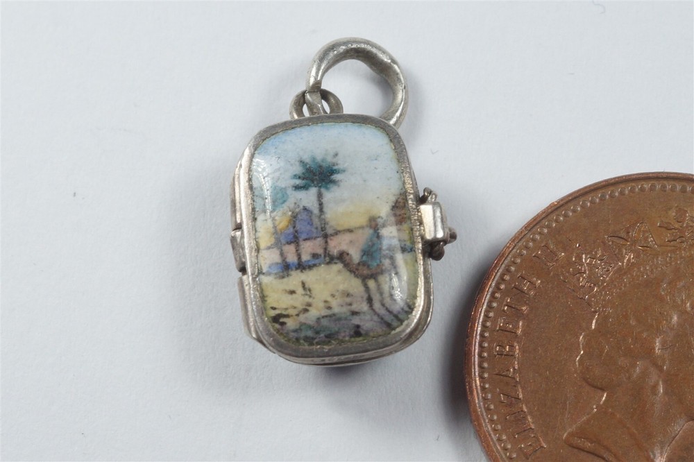 ANTIQUE SILVER ENAMEL MOSES BASKET OPENING CHARM PYRAMIDS DESERT Etc. c1920