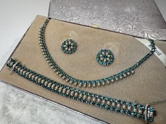 VTG B. David Faux-Emerald Rhinestone F Seed Pearl Necklace Earrings Bracelet SET