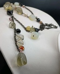 Vintage Glass & Opalite Beaded Tassel Necklace Faux Lariat Black Chain 27″ Long